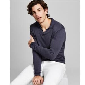 AND NOW THIS Men's Polo pullover Sweater Split Neck Long Sleeve Shirt pearl,grey